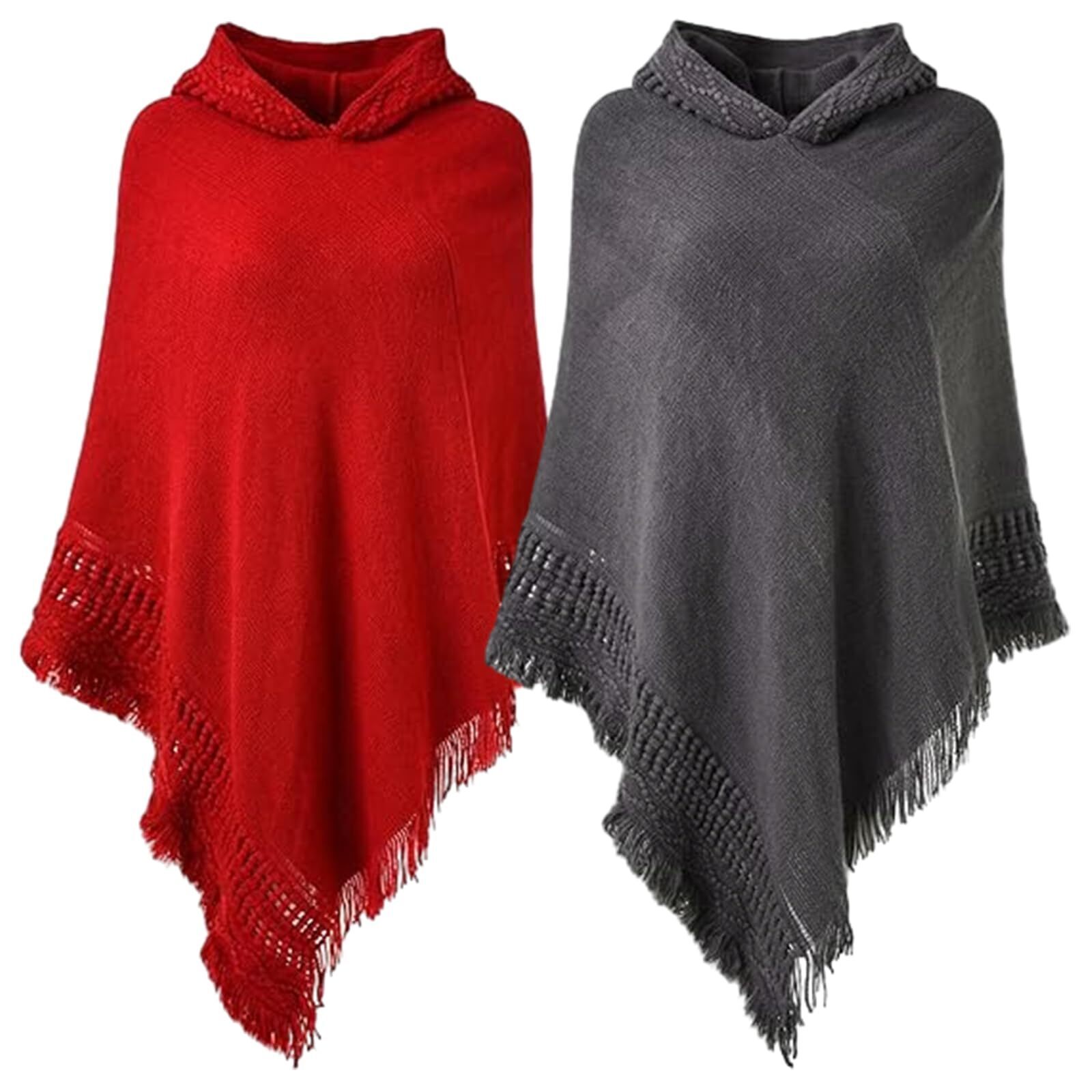 7156 2 Pcs Shawl Poncho Sweaters For Women Knitted Hooded Cape With Fringed